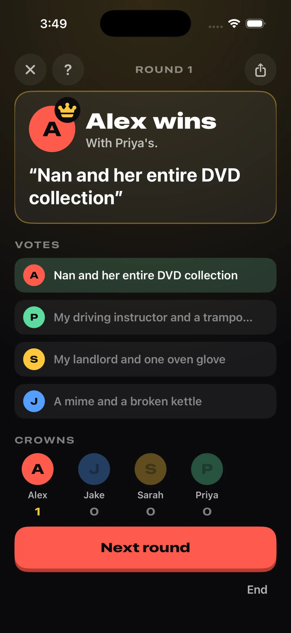 Nabbed: The round result, with the crown awarded