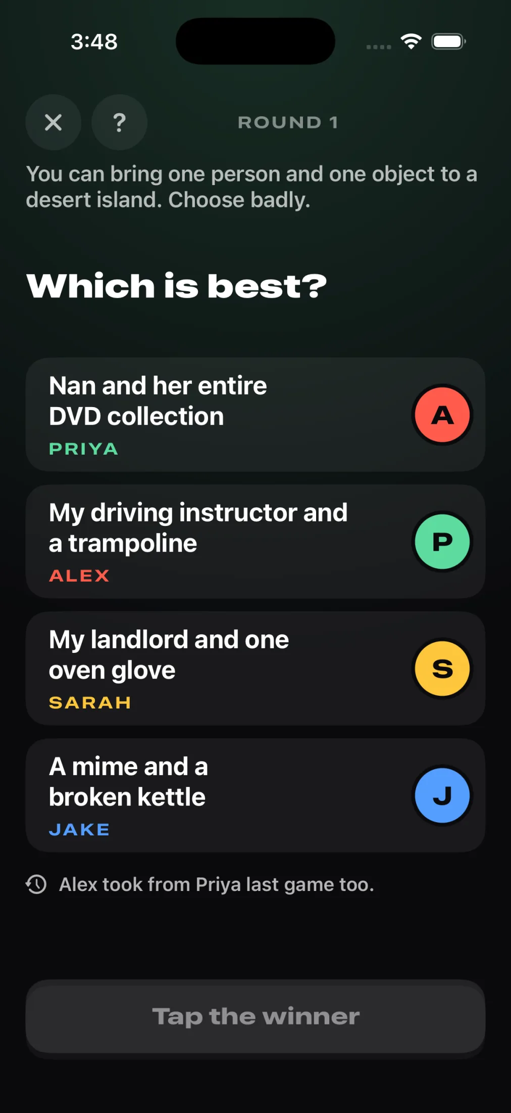 Nabbed: The room voting on the answers